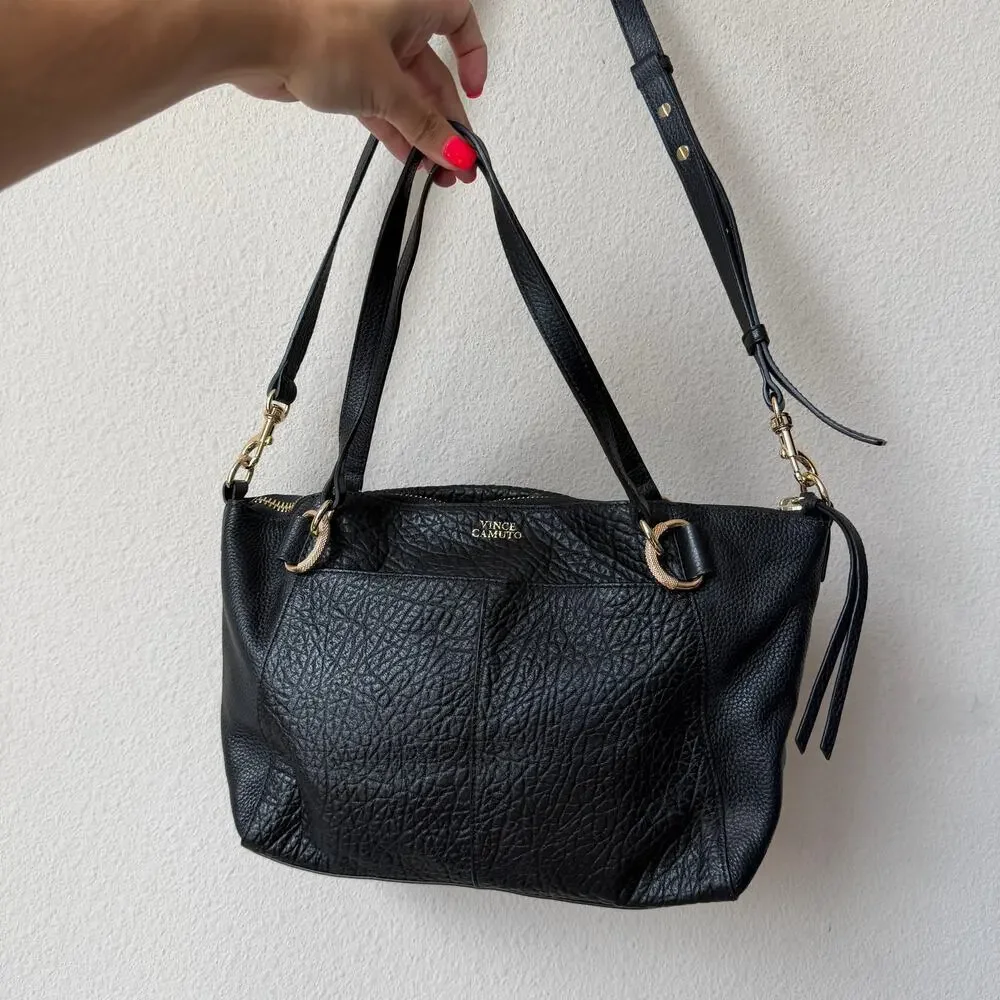 Vince Camuto Raya Black Pebbled Leather Tote Satchel Bag